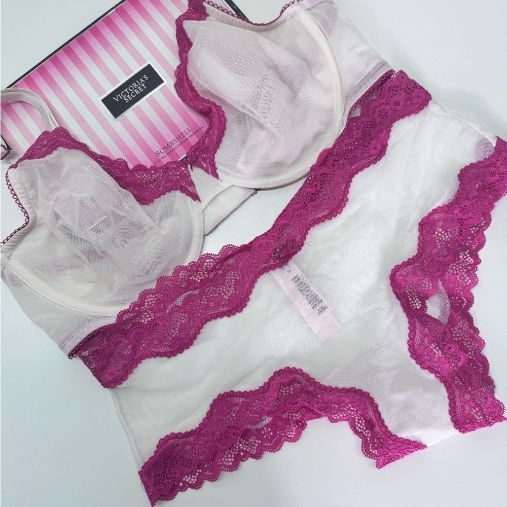 Victoria's Secret White and Purple Lace Bra Set 38D /cheeky Large NWT